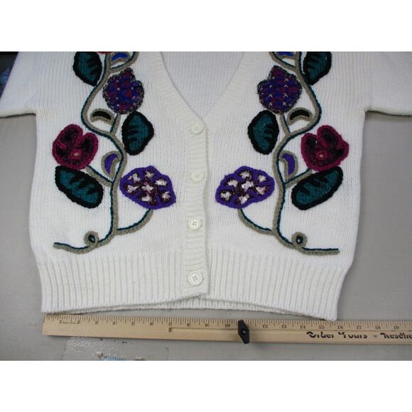 VINTAGE Cottage GrannyCore Cardigan Sweater Medium Embroidered Floral Chunky Y2K - Picture 8 of 13